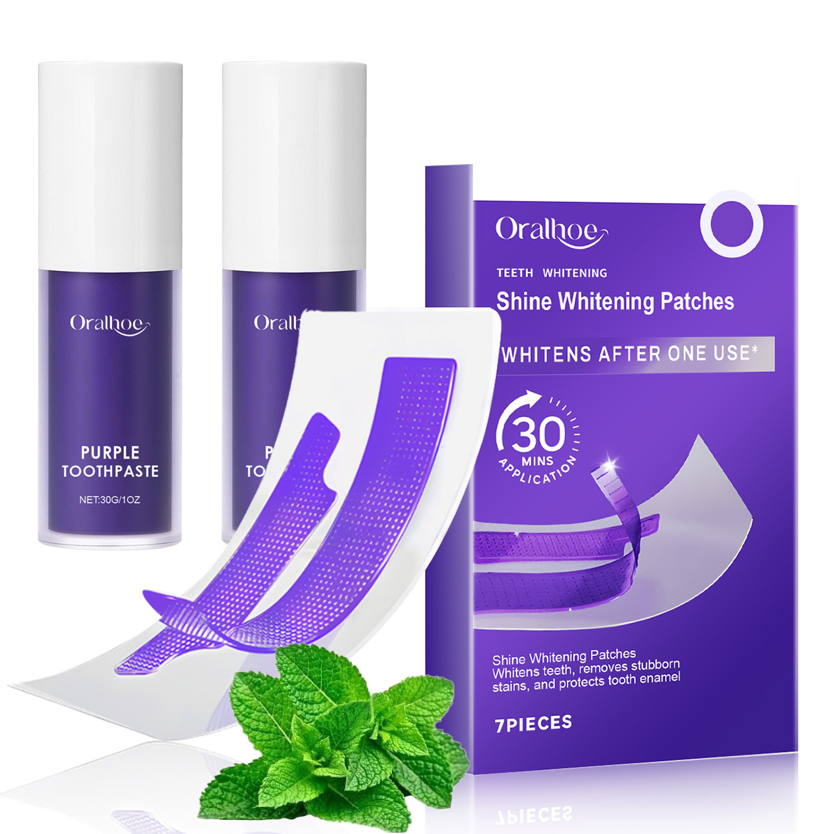 Teeth Whitening Home Kit - Lila Zahnaufhellungs-Kombi-Set – Fleckenentfernungsstreifen & Farbkorrektur-Serum