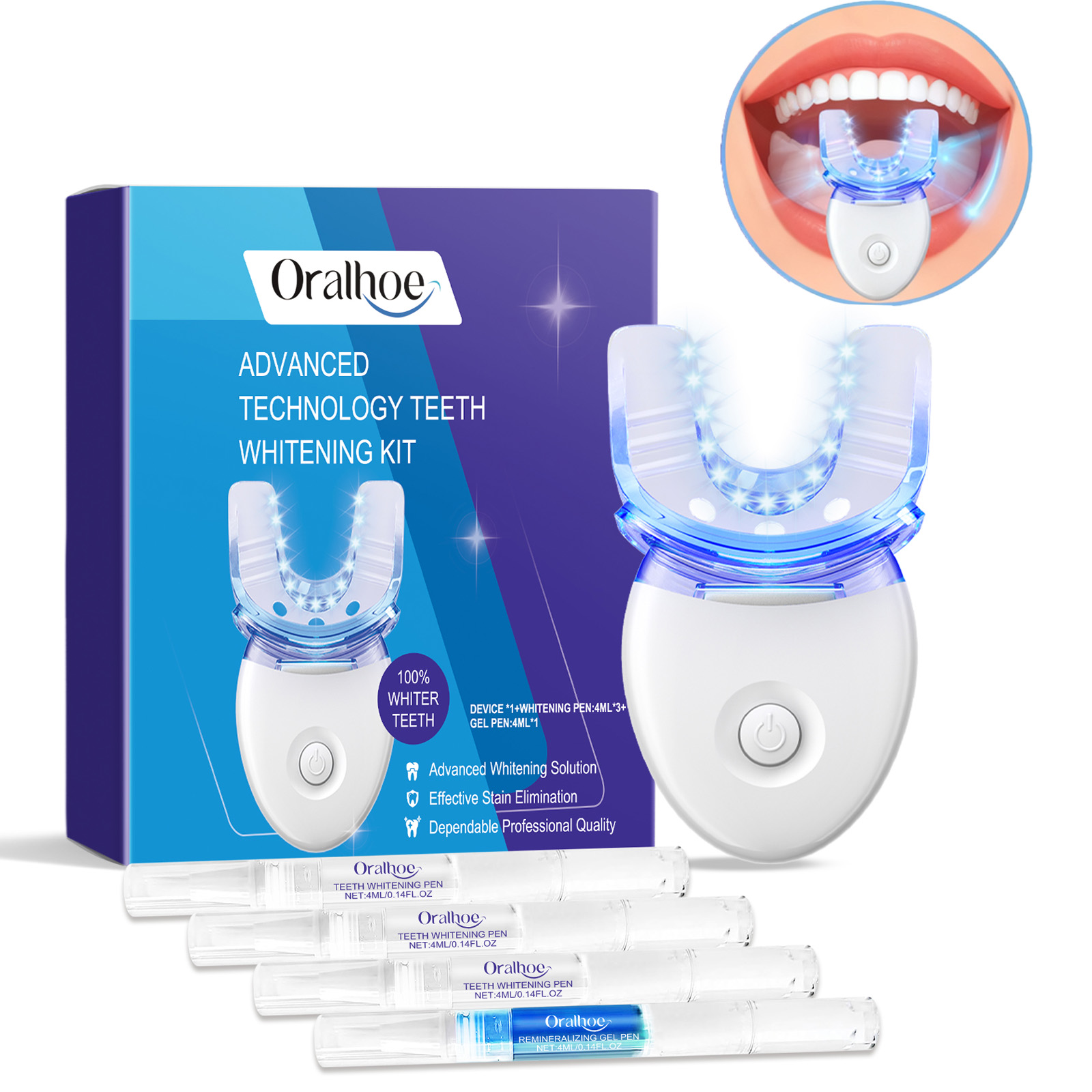 Teeth Whitening Gel Peroxide - Professionelles LED-Lichtset zur Zahnaufhellung mit 4-fachem